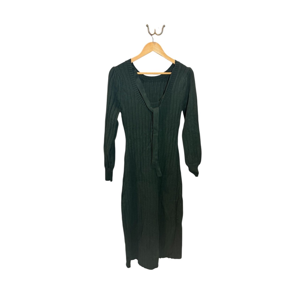 La Lavon Ribbed Knit Midi Medium Dress Tie Neck Long Sleeve Green Career Casual‎